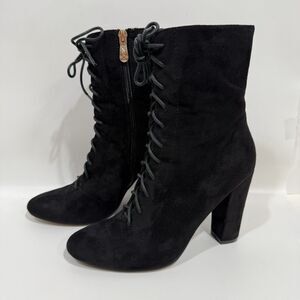 X2B Booties Woman 7 Lace Black Lace Up Block Heel Side Zipper Faux Suede